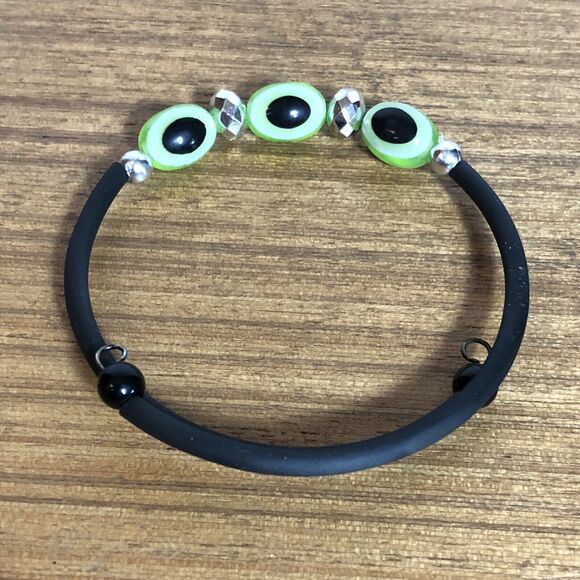 Evil Eye Memory Wire Bracelet Rope Unisex, Green and Black New Beaded Boho - Picture 4 of 5